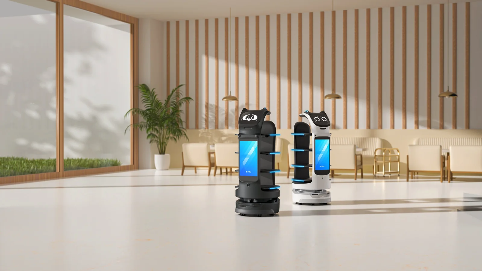 PUDU BellaBot Pro delivery robot in a hotel lobby