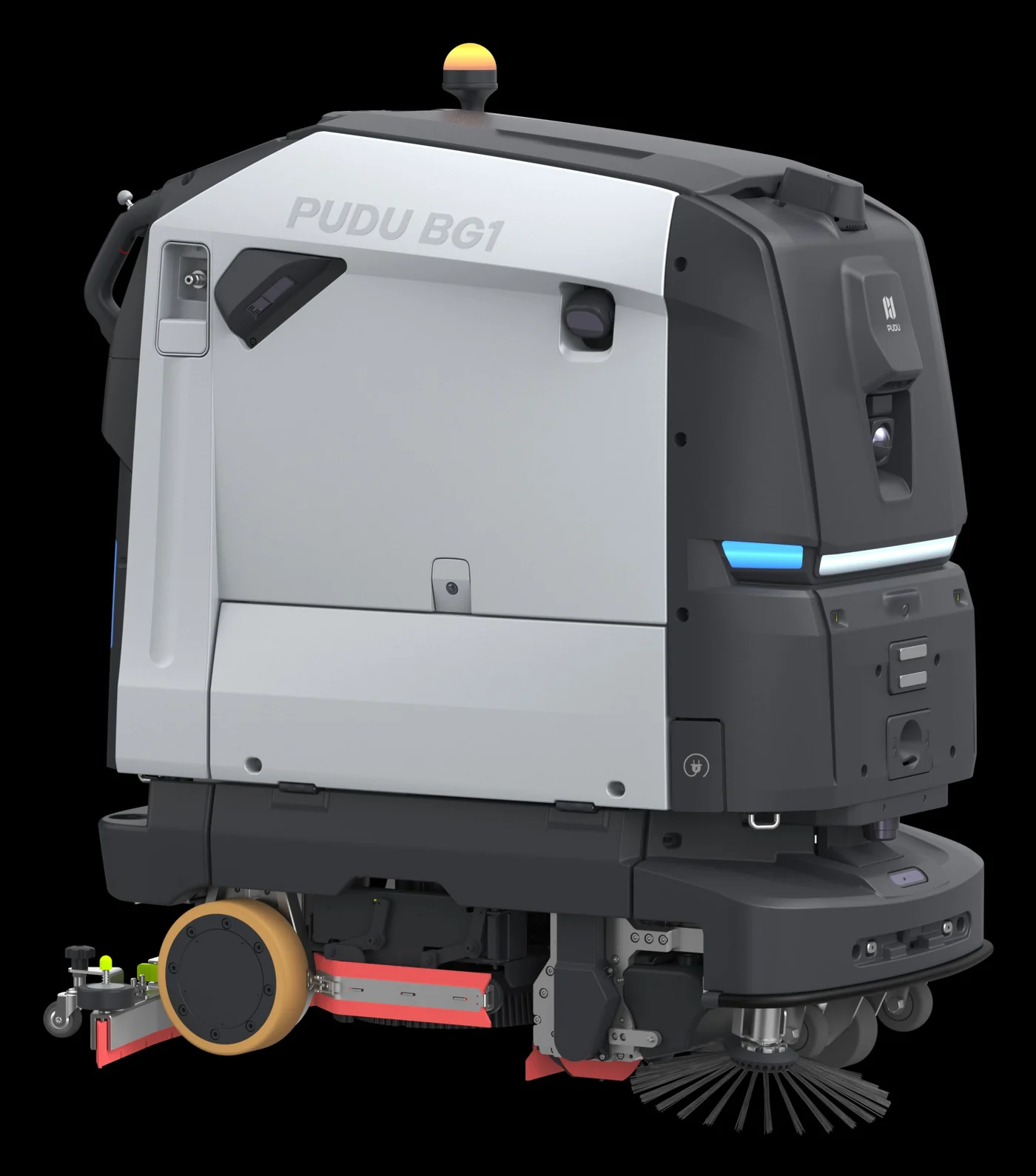 PUDU BG1 Pro AI native large scrubber dryer robot angled view