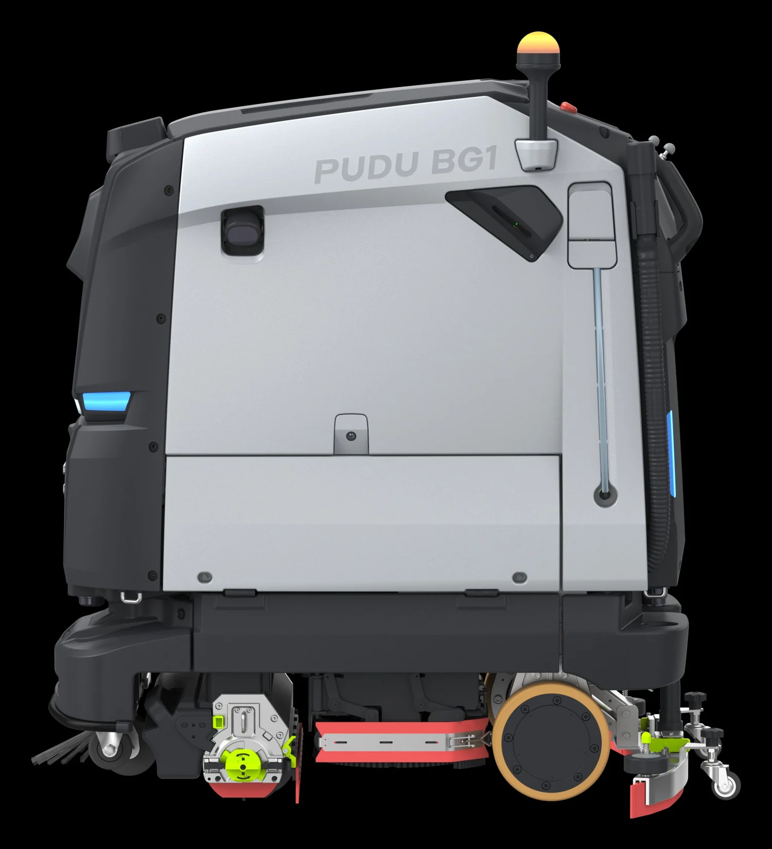 PUDU BG1 Pro side profile showing front sweeping brush and rear scrubbing deck