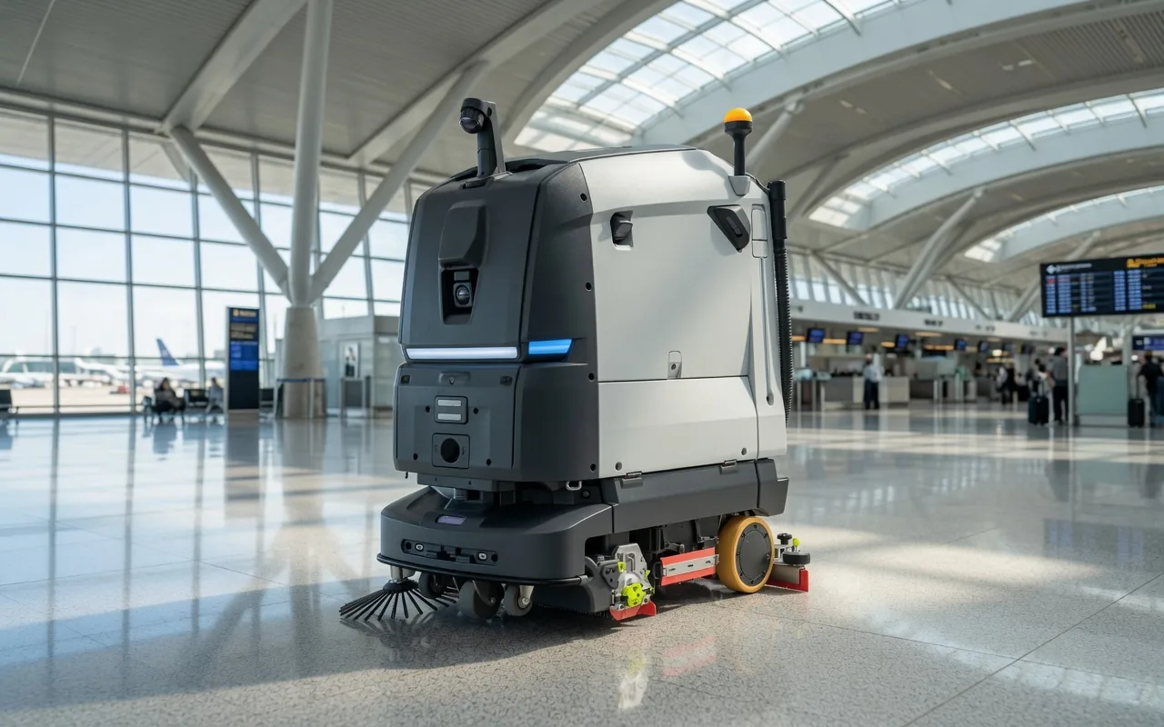 PUDU BG1 Pro scrubber dryer in an airport terminal