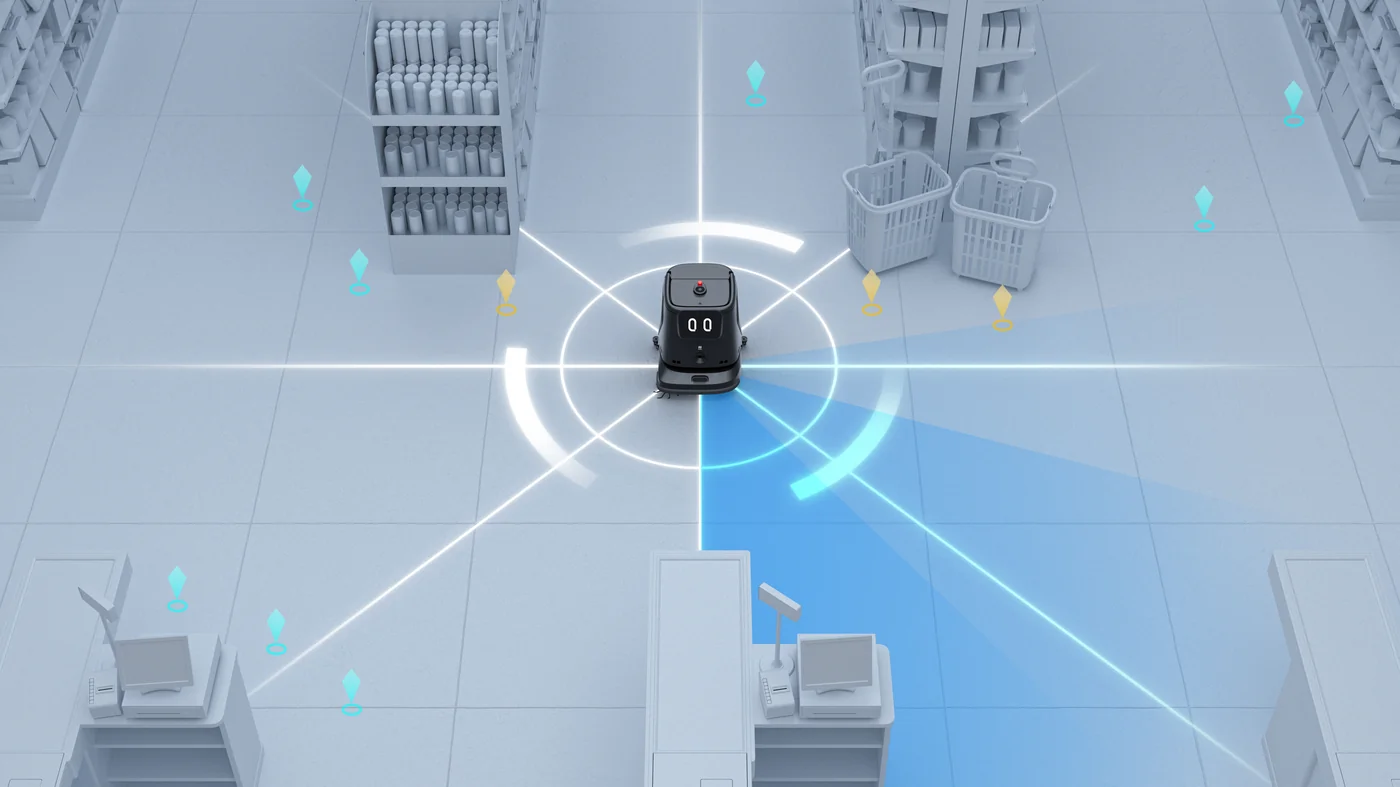 PUDU CC1 Pro autonomous cleaning robot working in a commercial lobby, deployed for businesses across the United States