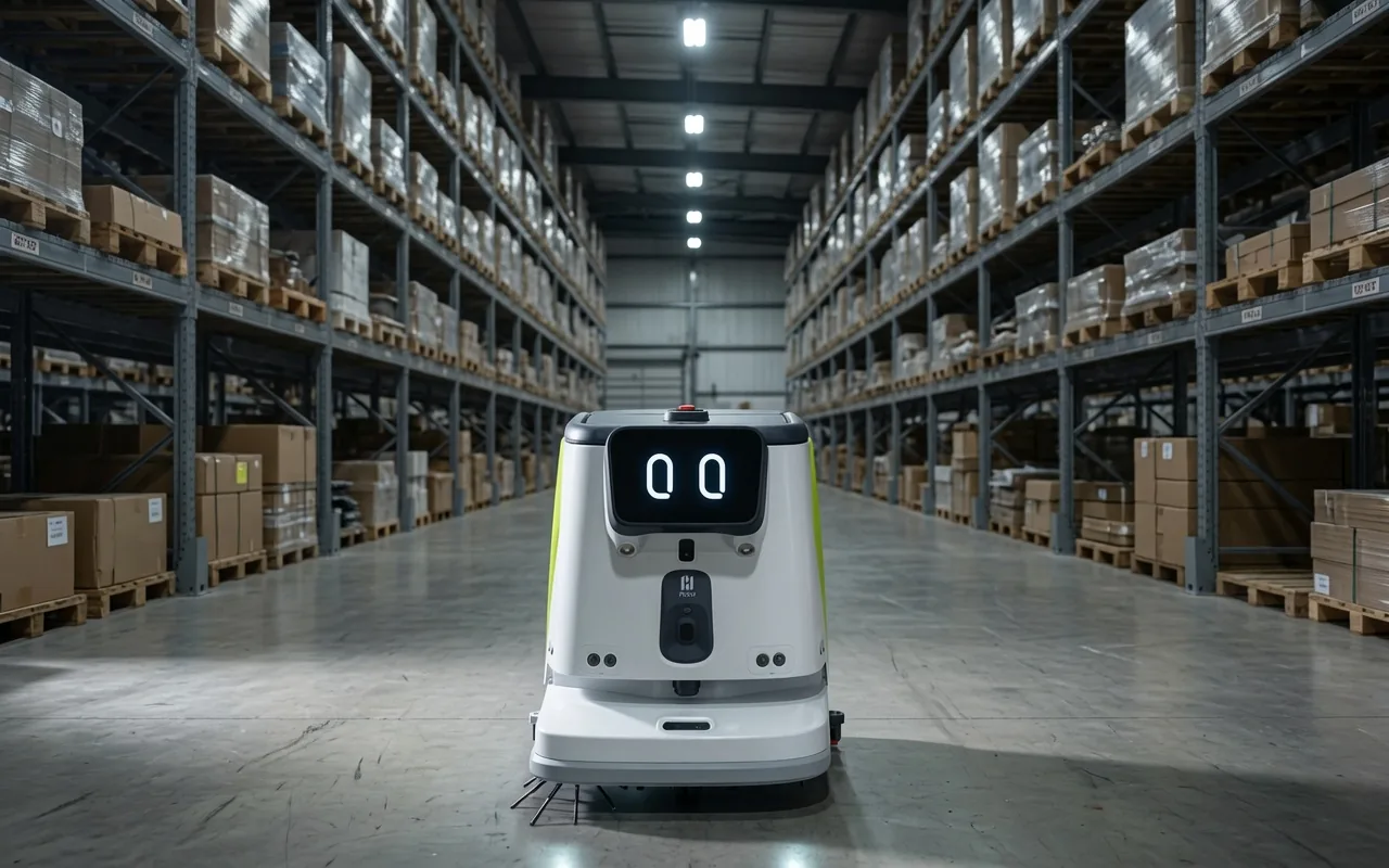 Sparkobot CC1 Pro cleaning robot in a warehouse aisle