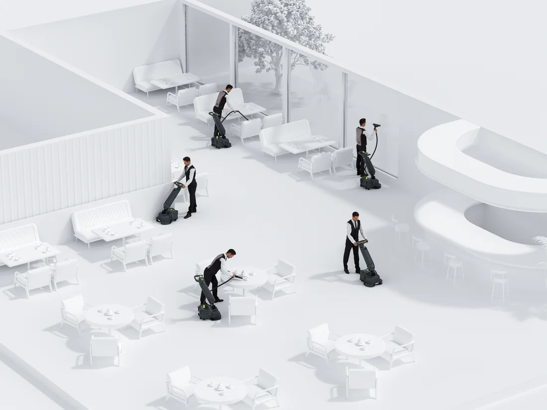 PUDU SH1 cleaning floors, edges, tabletops, and glass in a hospitality space